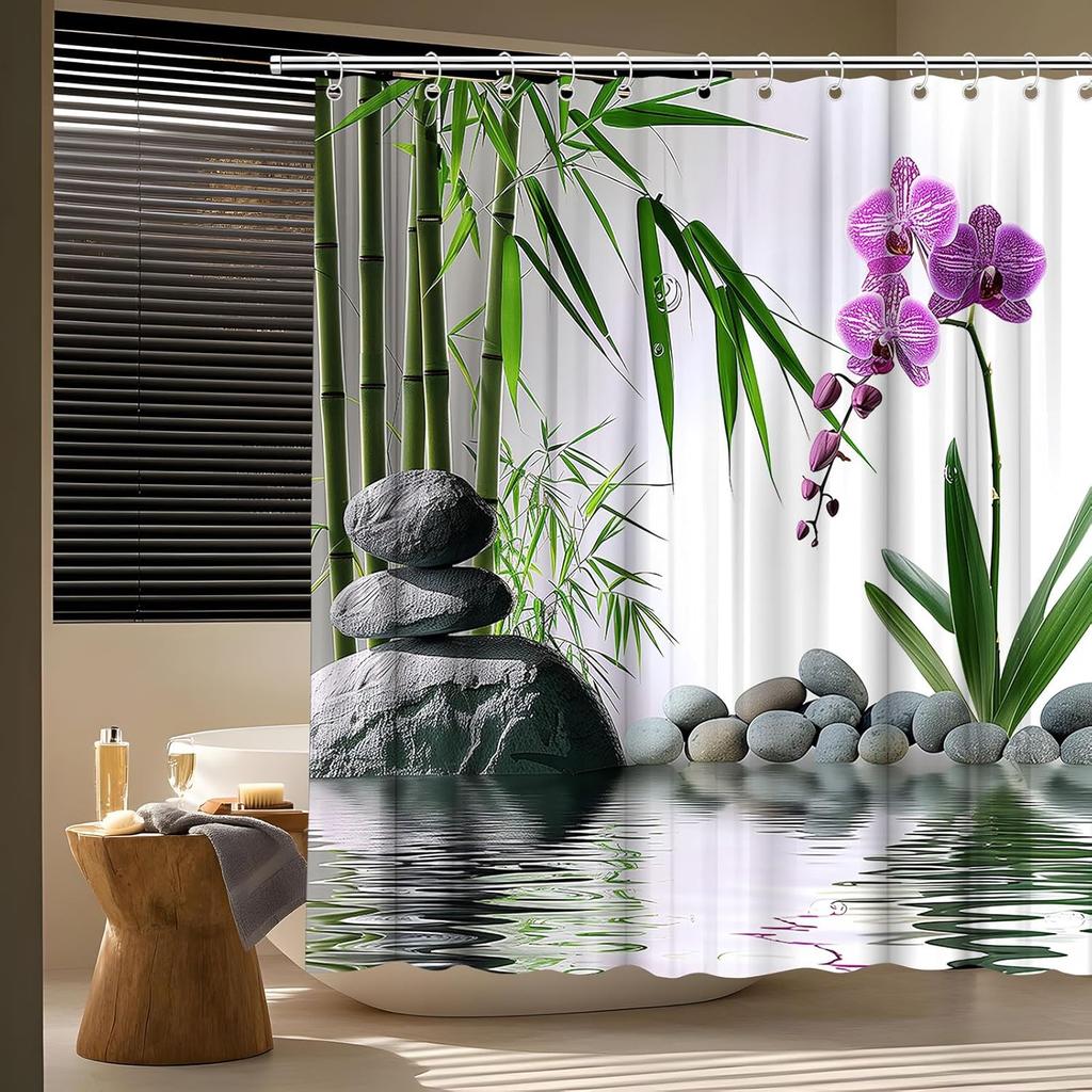 Zen Shower Curtain Green Bamboo Purple Orchid Flower Stone Asian Japanese Garden Relax Spring Nature Theme Bath Curtain Fabric