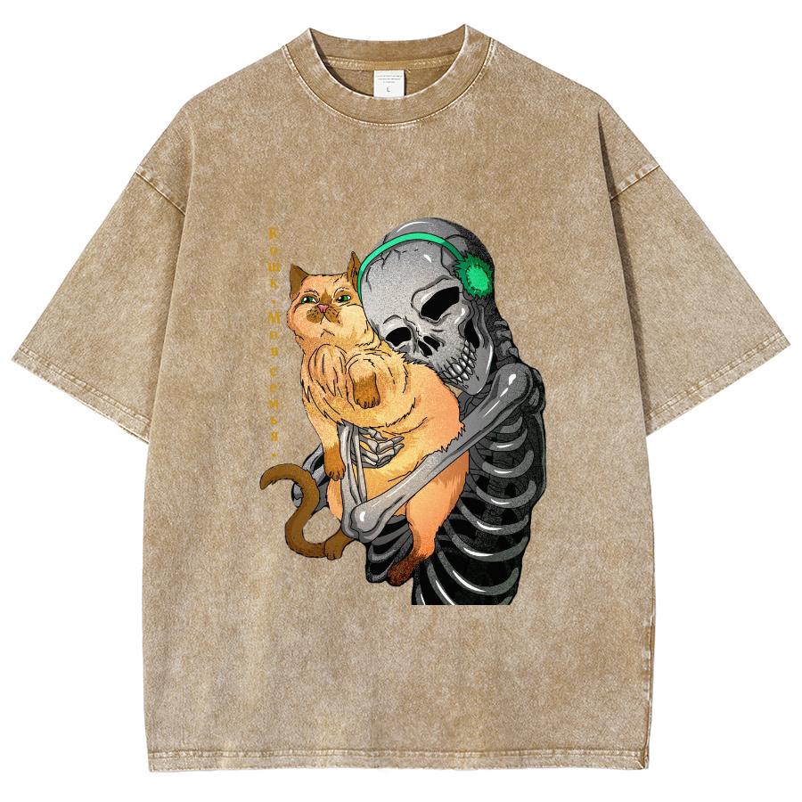 Cartoon Skull Hugging Cat Print Washed Women's T-Shirt Cotton Comfortable and Breathable Black Short Sleeve Loose Top