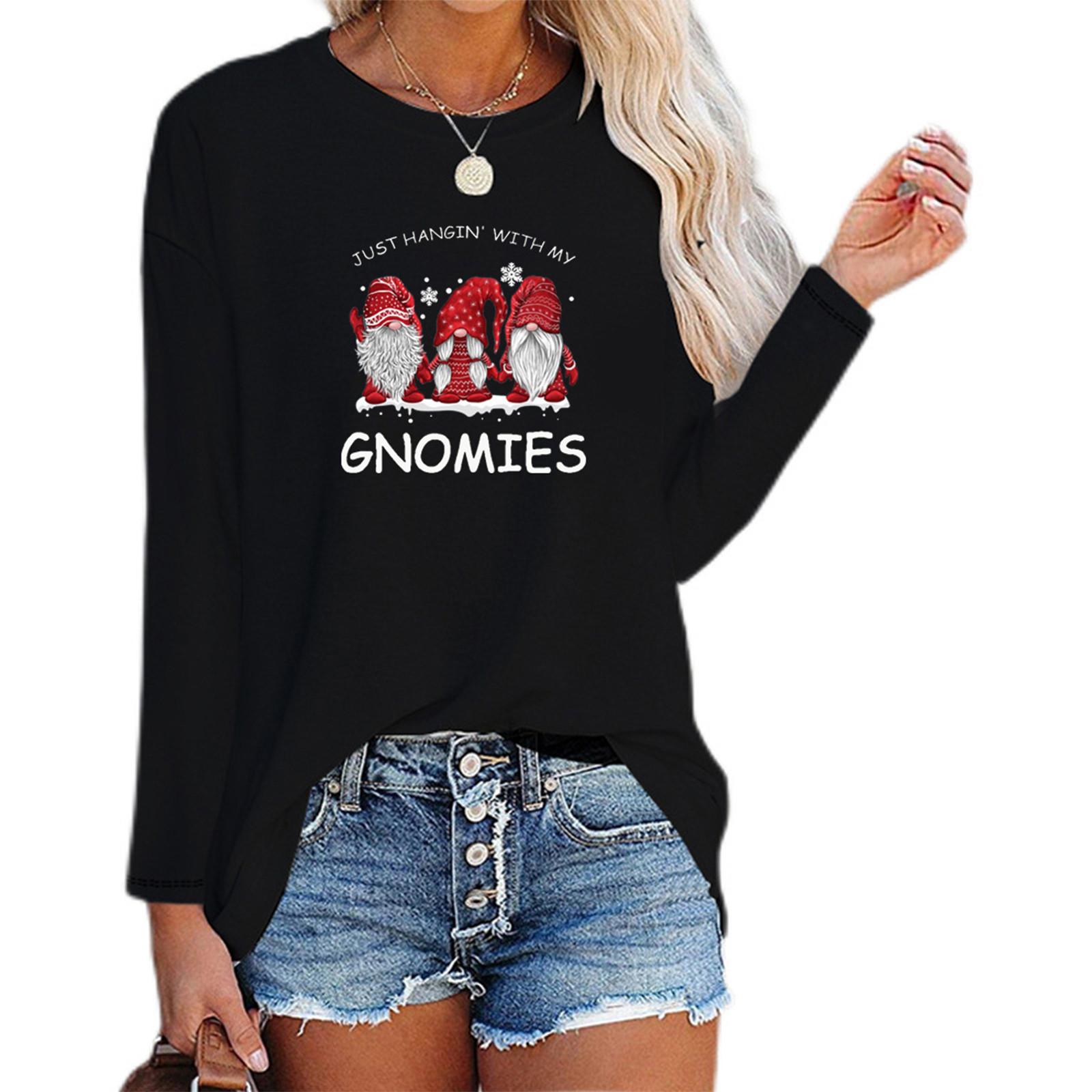 

Women s Fashion Casual Christmas Print (JUST HANGING WITH MY GNOMIES) Stitching Long-sleeved T-shirt Top L чорний
