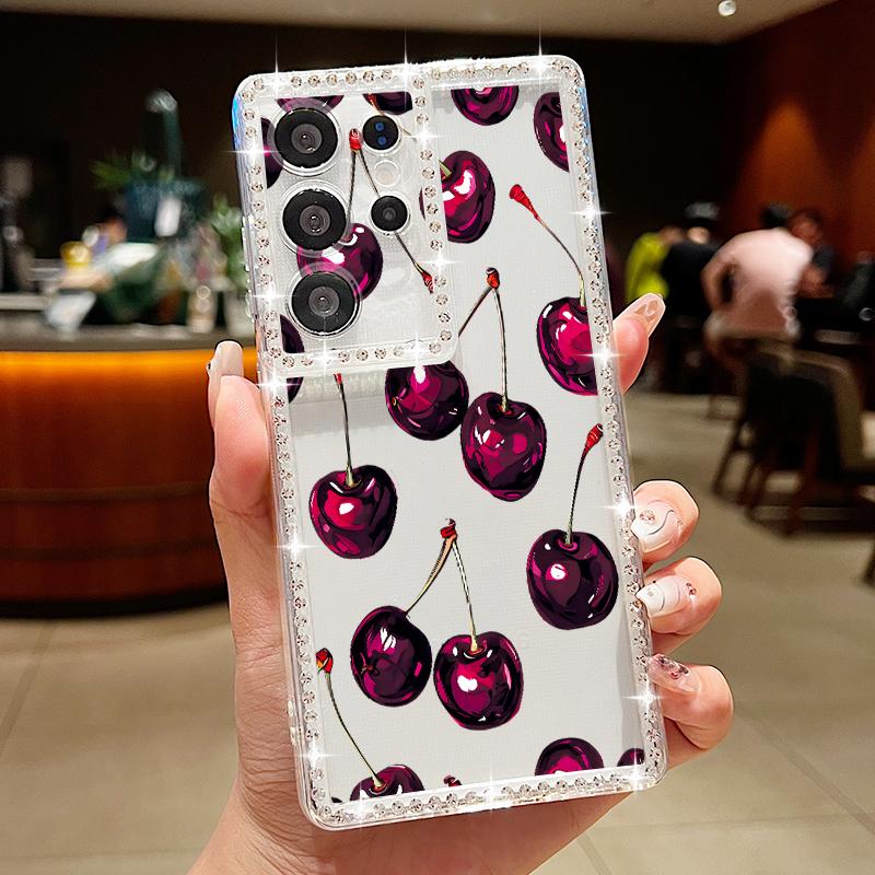 Luxus Kirschfrüchte Muster Diamant Hülle Für Samsung Galaxy S25 Ultra S24 Plus S23 S22 S21 FE A14 A15 A16 A25 A26 A35 A36 A54 A55 A56 5G Cover