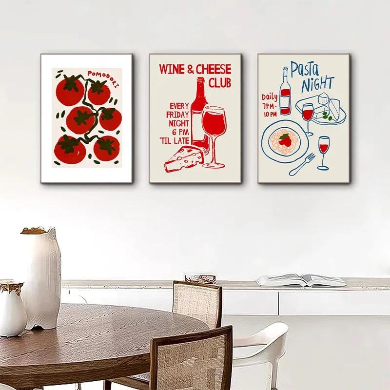 Color Food Line Drawing Canvas Painting Living Fashion Vintage Spaghetti Red Wine Print Posters Room Kitchen Wall Art Home Decor