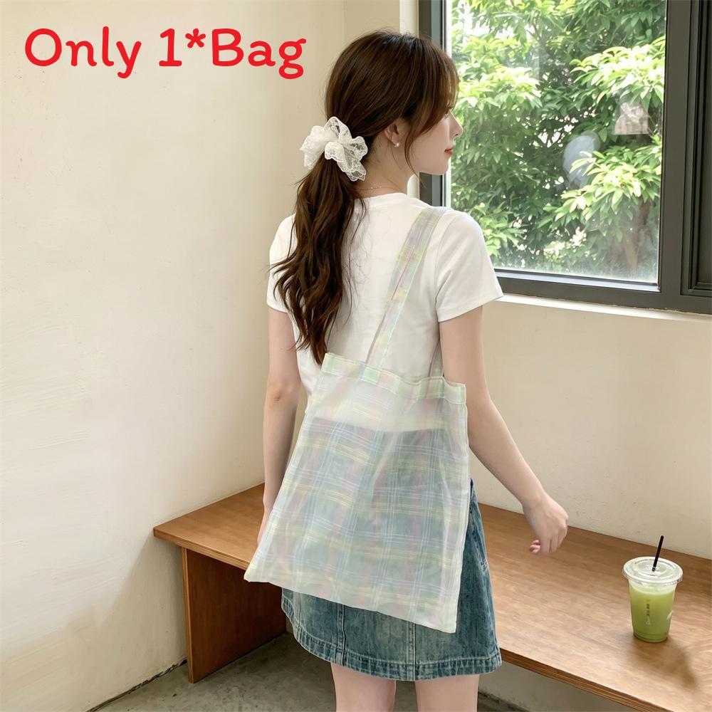 Macaron Plaid Fabric Tote Bag With Open Top For Casual Summer Outings