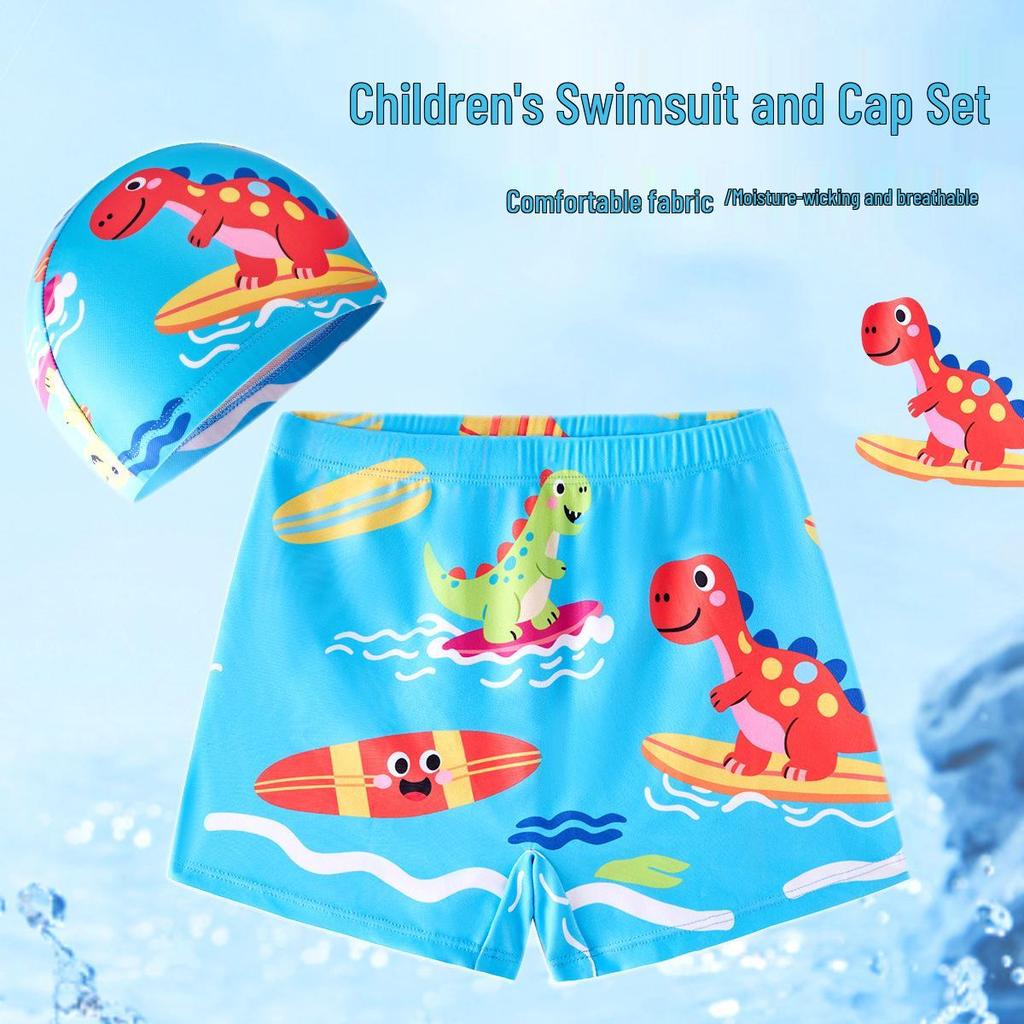 Cartoon Panda Boys' Two-Piece Swimsuit & Cap Set - Beach & Hot Spring Wear