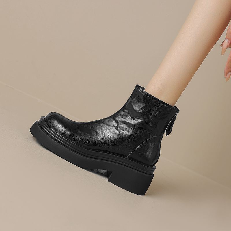 

Обувь Krazing Pot Sheepskin Осень-зима Мотоциклетные ботинки с толстой подошвой Круглый носок Теплые однотонные ботинки на молнии 35 чёрный