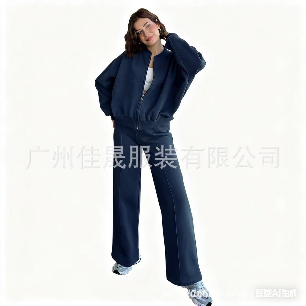 Women Casual Sporty Tracksuit Set Short Sleeve Zip Up Jacket High Waist Wide Leg Pants Loungewear