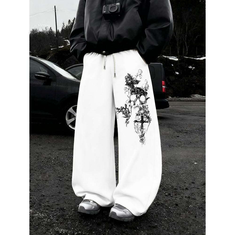 Gothic Dark Skeleton Cross Printed Wide Leg Athletic Pants Street Men's Fashion Neutral Casual Straight Leg Pants
