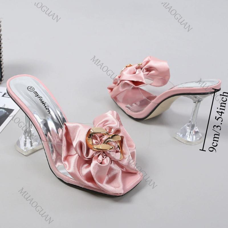 Fashion Transparent Slippers with Heels Square Toes Sandals Elegant Bowknot Crystal Women's Party Pumps Ladies High Heeled Shoes