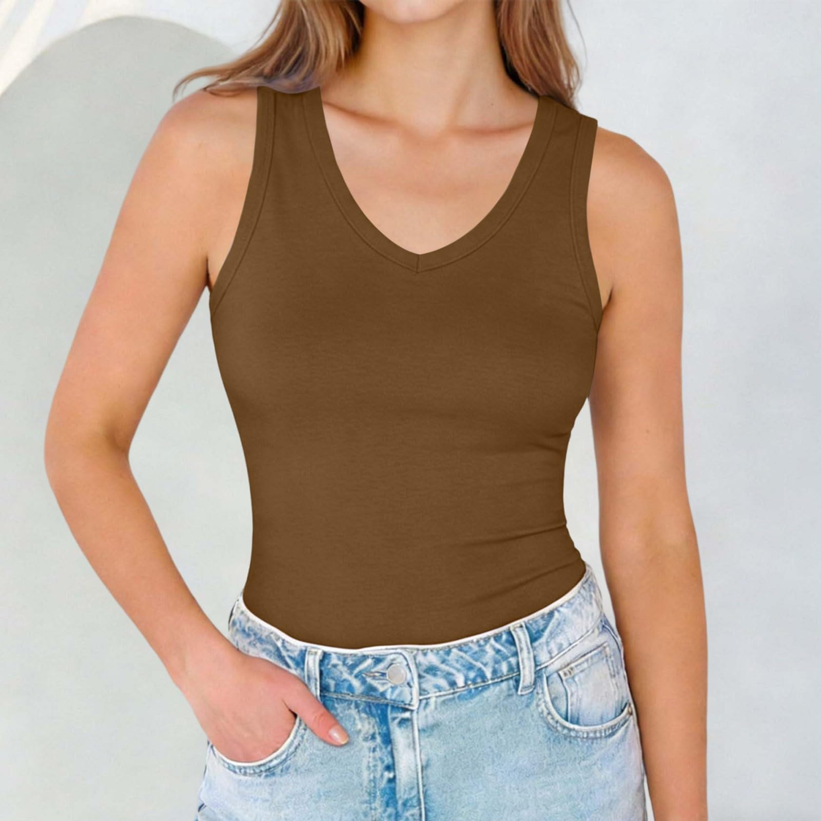 

Women s Sleeveless V Neck Tank Top Casual Summer Basic Stretchy Fit Soft Fabric Lightweight Layering Shirt XL коричневий