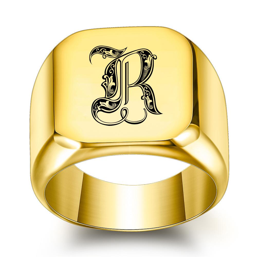 Europe, America 26 personalized English initials titanium steel ring male retro punk square 14MM gold trendy male wholesale