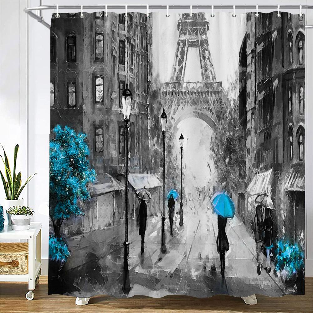 Nordic Style Landscape Paris Tower Fabric Shower Curtain Bathroom Curtains Waterproof Polyester Bath Screen with 12 Hooks