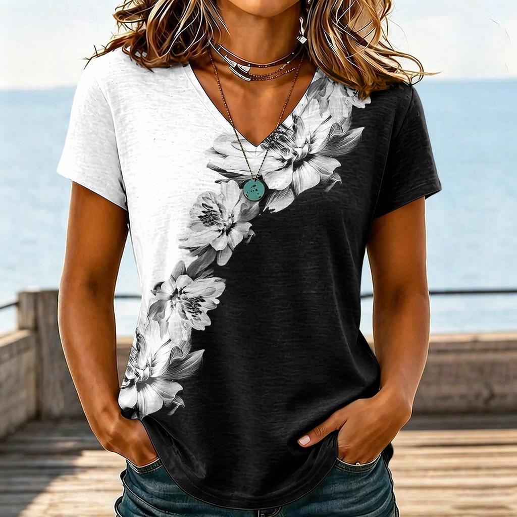 Women Casual V Neck Floral Print T Shirt Short Sleeve Lightweight Loose Fit Top for Everyday Wear