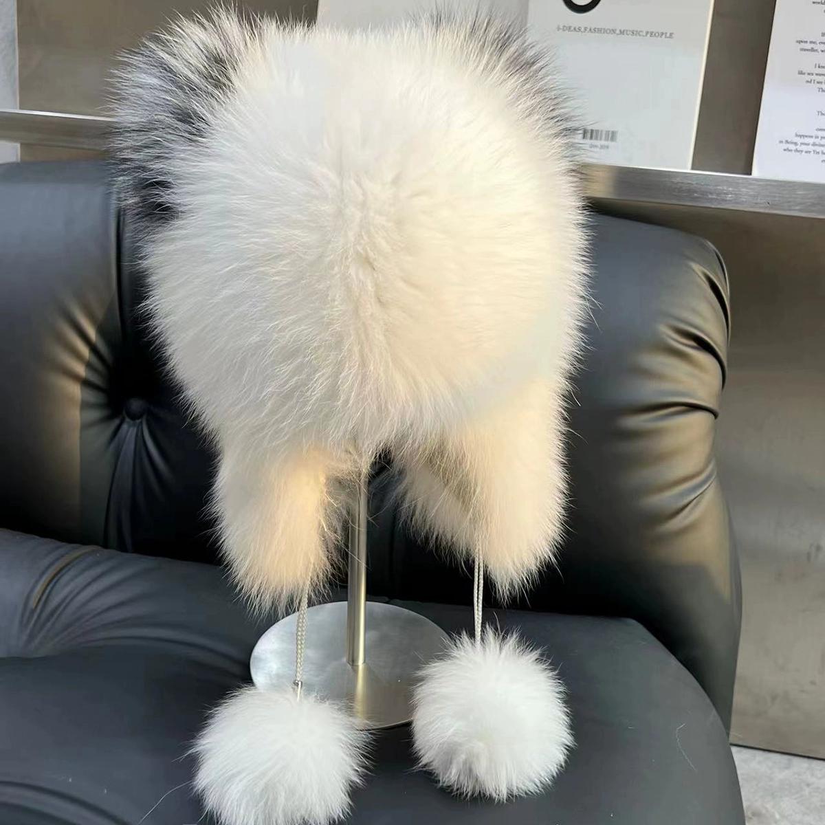 

Шапка для защиты ушей из натурального лисьего меха, утолщенная теплая вязаная шапка с мехом, милая шапка с помпоном, мультяшная велюровая шляпка One size fits all [elastic] белый