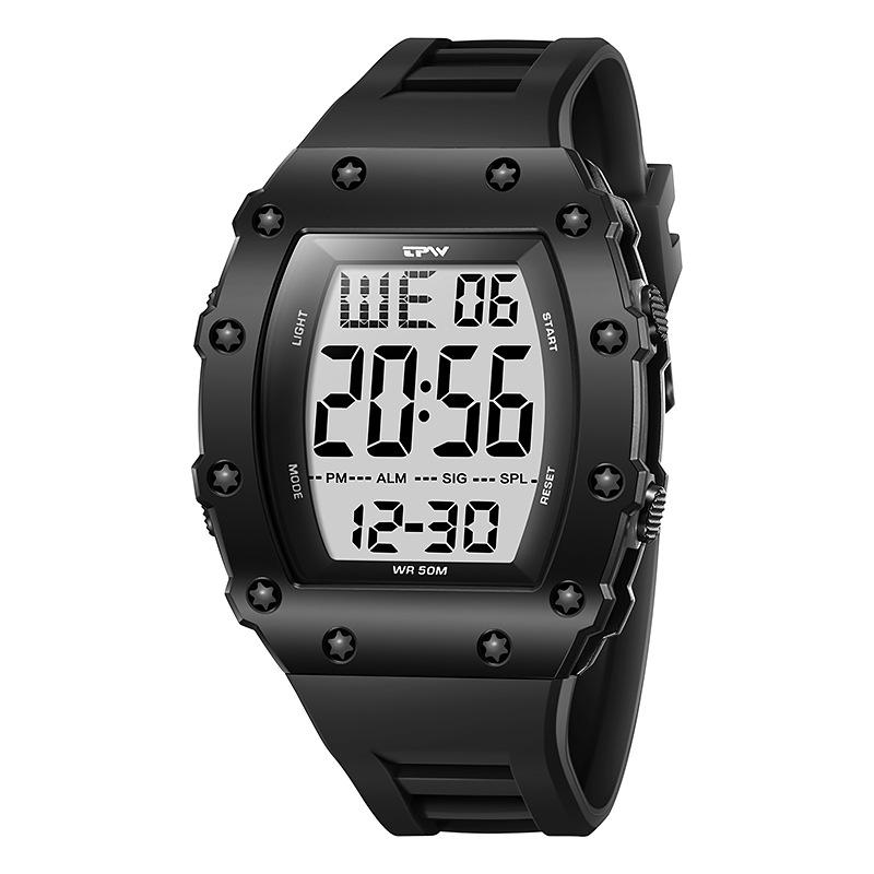 Модные цифровые мужские спортивные часы LED-дисплей бочкообразные светящиеся наручные часы будильник двойной календарь секундомер электронные часы чёрный