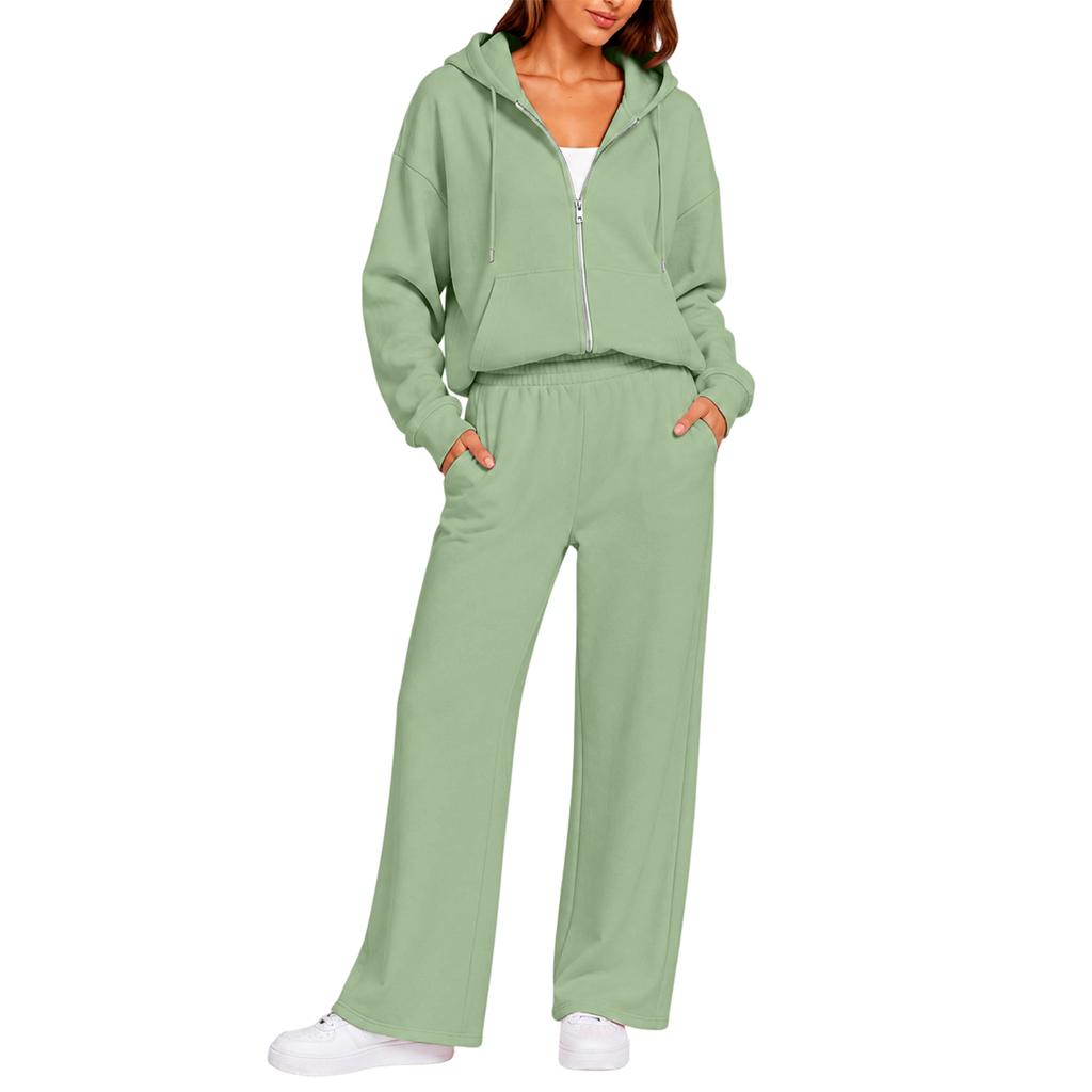 Completo Casual da Donna a Due Pezzi con Cardigan con Zip e Cappuccio e Pantaloni a Gamba Larga