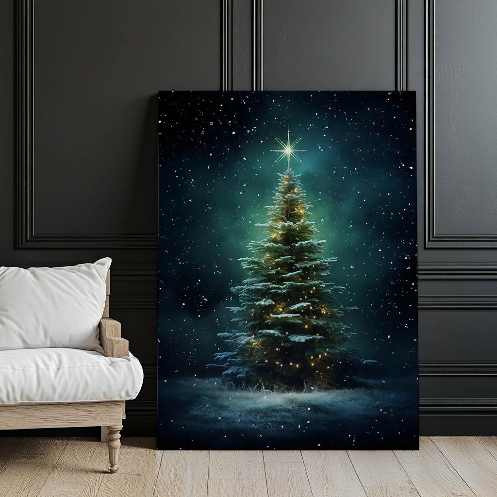 Christmas Tree In The Night Glow Christmas Tree In The Night Glow, 50X70 Cm, Gold Aluminum Frame, 230 Gsm Matte Paper