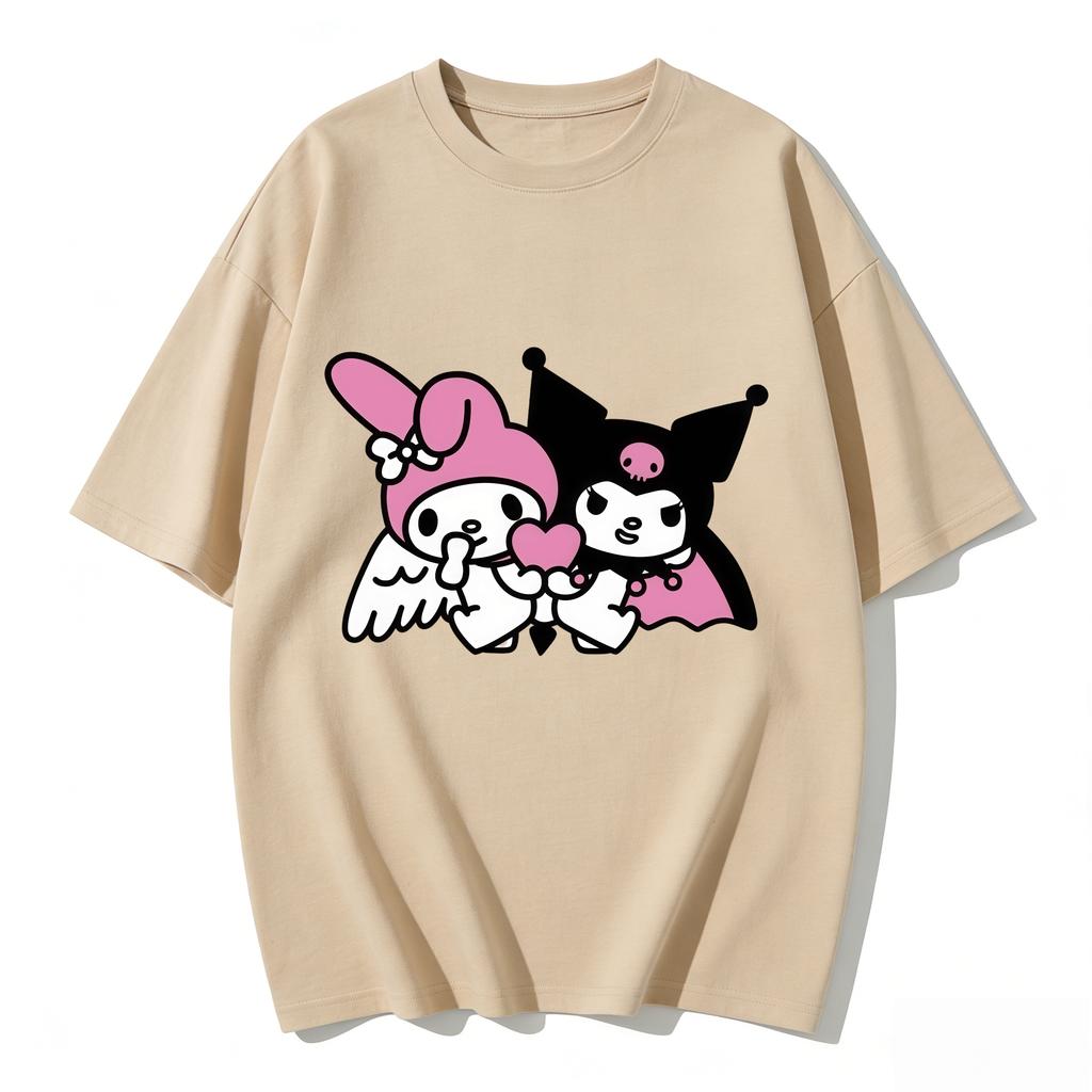 2026 New My Melody Kuromi Angel Devil Heart Cartoon Print Tshirt Family Matching Outfits Casual Short Sleeve Tee Women Unisexs