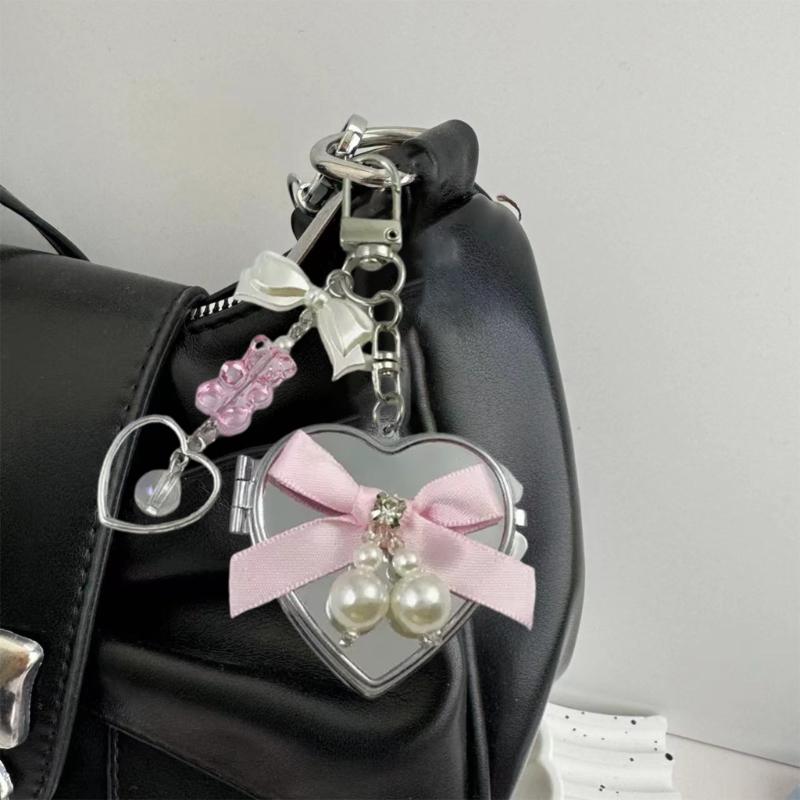 Cute Mirror Keychain Featuring Colorful Bowknot and Heart Design Portable Size Hanging Decoration for Quick Makeup