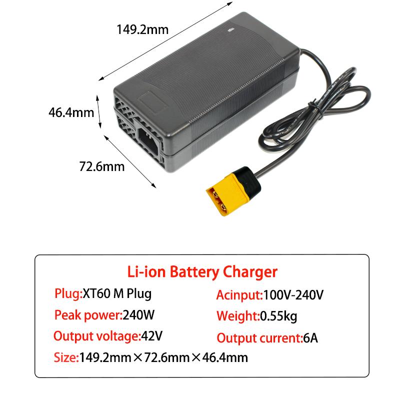 36V 6A Battery Charger 42V GX16 IEC XT60,XT90 Lithium Li-ion Li-poly Fast Charger 10S 36 Volt