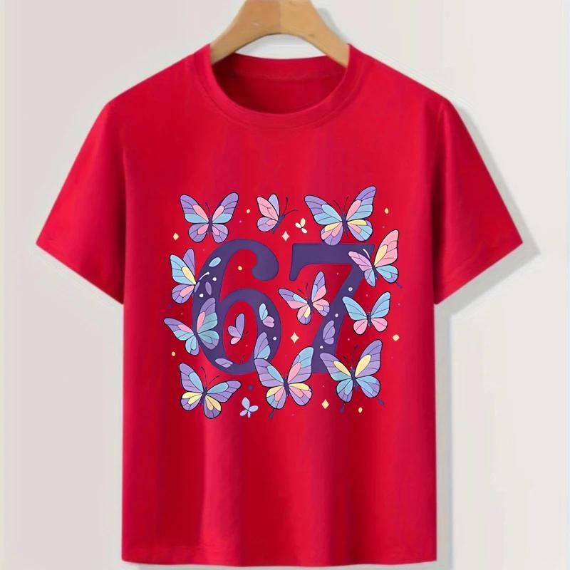 Butterfly Six Seven Print Children Tshirts Summer Girls Casual Fashion Funny Tops Kids Colorful Crew Neck Short Sleeve Tees