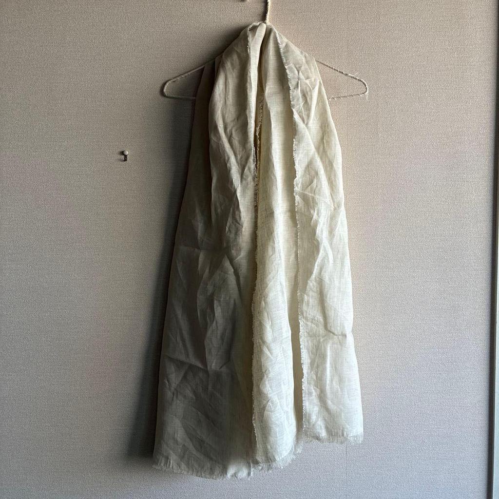 Used Handmade Stole, Ivory Linen, Fringed, Large Shawl