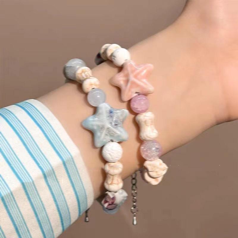 Ceramic Charming Pink Starfish And Shell Beaded Bracelet For Couples And Friends 2024 Summer Trend