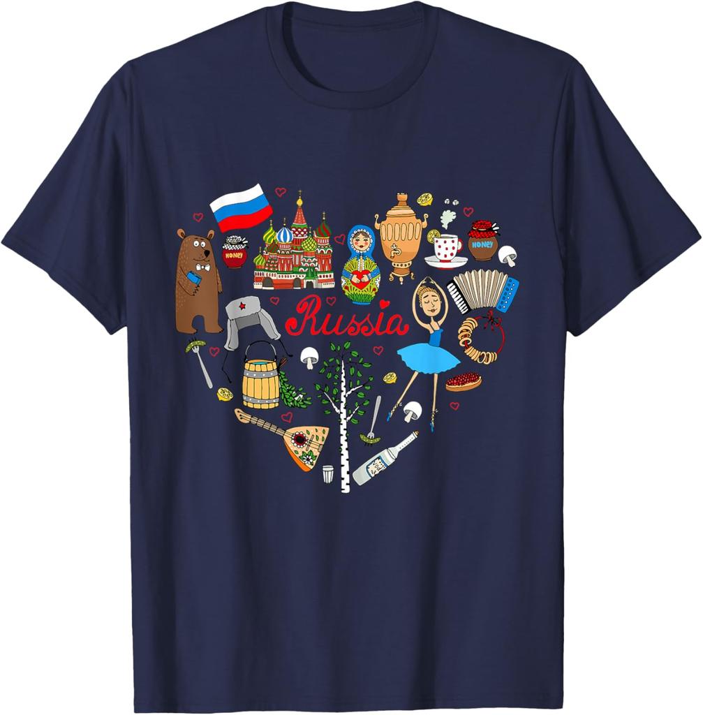 Russia Symbols Heart Collage Graphic Tee Breathable Casual Trip T-Shirt For Men