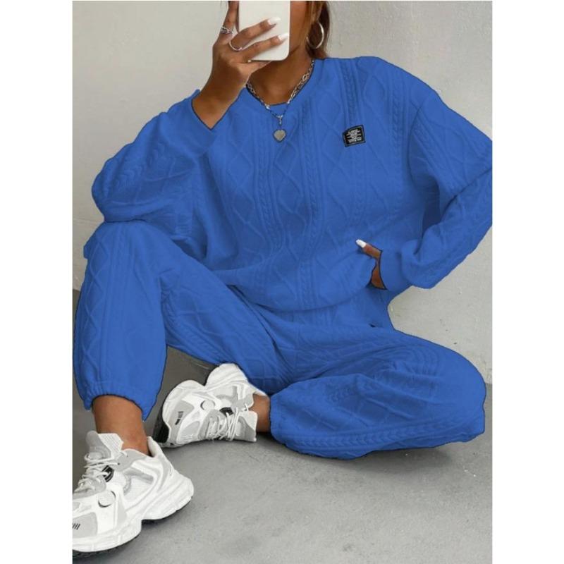 VEZFAA Women's Fashion Casual Spring Autumn Solid Color Print Long Sleeve O- Neck Trousers Pants Suits