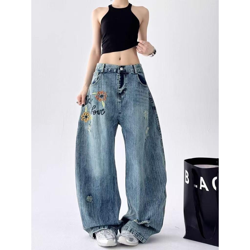American Retro Bamboo Pattern Washed Ripped Scimitar Jeans Men's and Women's High Street Niche Flower Embroidered Wide-leg Trousers