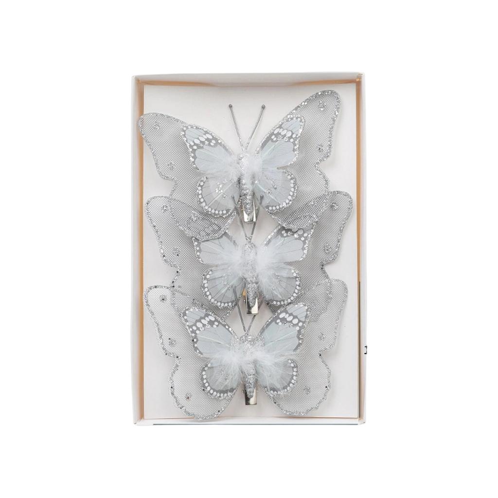 Set of 3 Glitter Butterfly Christmas Ornaments Clip-On Decorative Artificial Butterflies for Tree and Holiday Scene Decoration