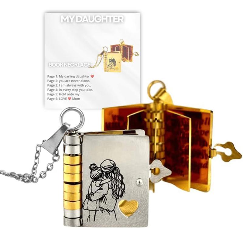 Openable Daughter Book Necklace Stainless Steel With Pages Of Engraved Information Message Mini Book Pendant Necklace Gold Color
