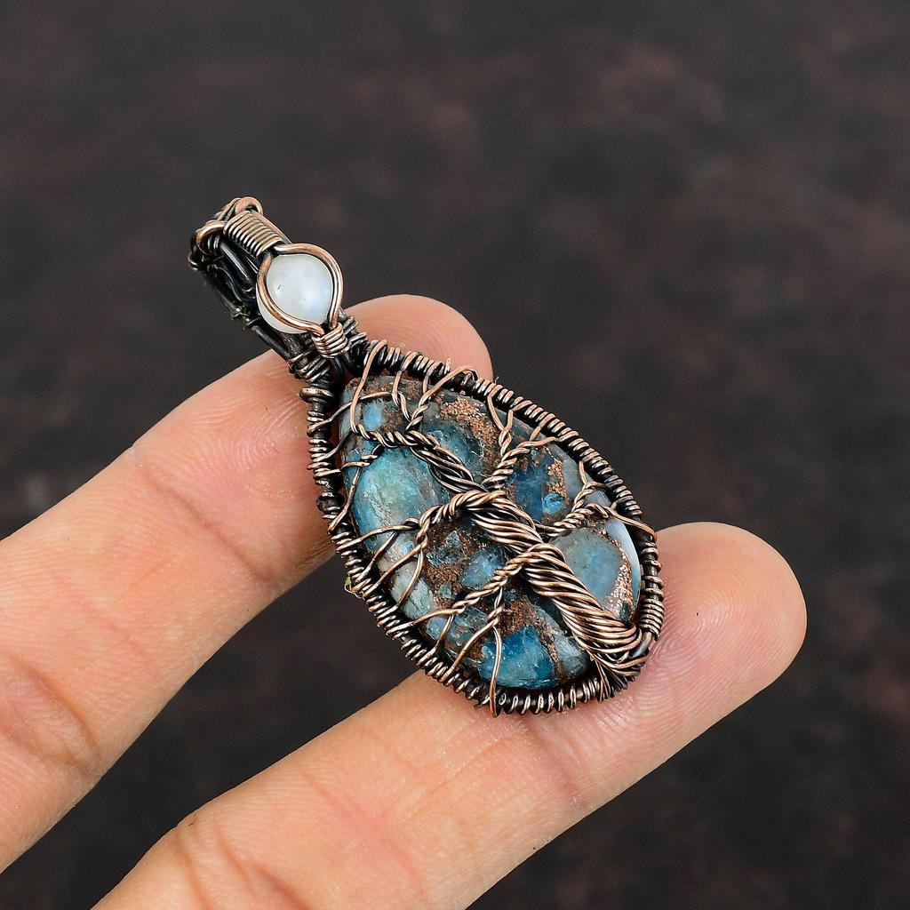 Tree Of Life Copper Neon Apatite Pendant Copper Wire Wrapped Jewelry Handmade Copper Wire Pendant Rainbow Moonstone Pendant Gemstone Jewelry