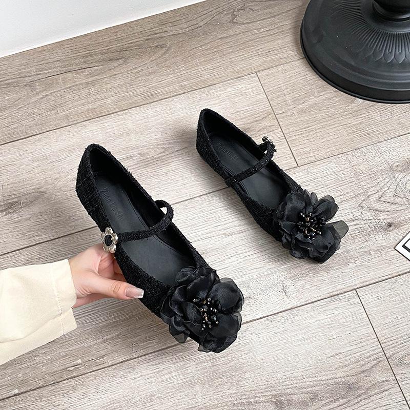

Модные милые женские туфли-балетки с цветочным принтом, черные/белые тканевые туфли Мэри Джейн, ремешок на щиколотке, кружевные цветочные балетки, женские мокасины, большой размер 42 34 чёрный