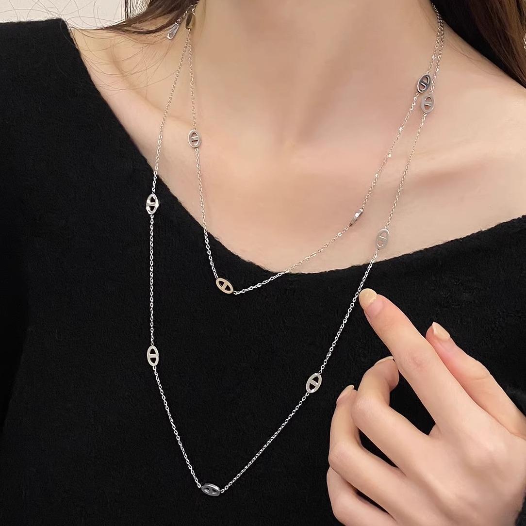 

120cm Chic Titanium Steel Necklace With Unique Pig Nose Design Ideal For Lovers Fashion Steel Pig Nose Necklace