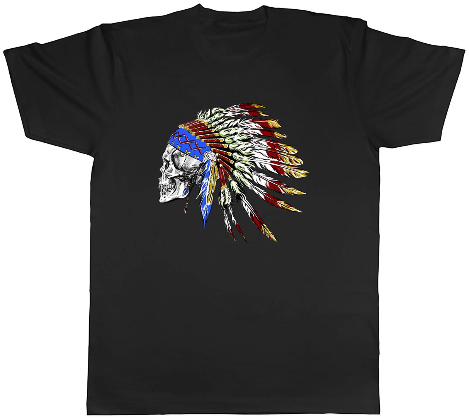Native Skull Head Mens T-Shirt Indian Feather Retro Tribe Unisex Tee Gift XXXL