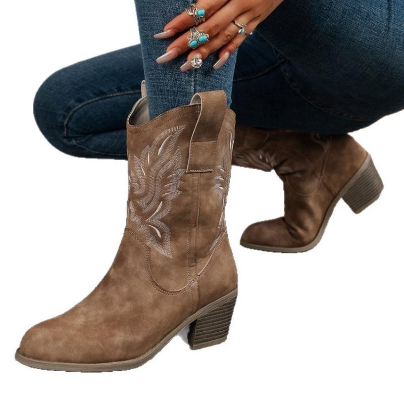 Damskie Plus Size Europejski Amerykański Styl Haftowane Kowbojki Western Nowe Jesienne Botki do Połowy Łydki do Jazdy Konnej Botki Sztyblety Martin