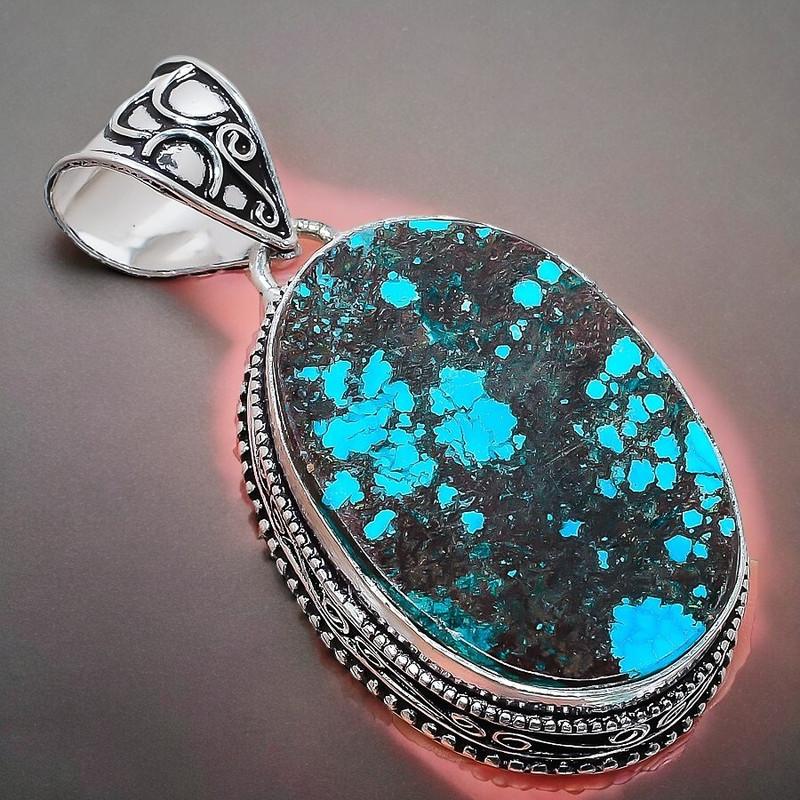 Tibetan Turquoise Gemstone Handmade 925 Sterling Silver Jewelry Pendant 2.17" AH-798