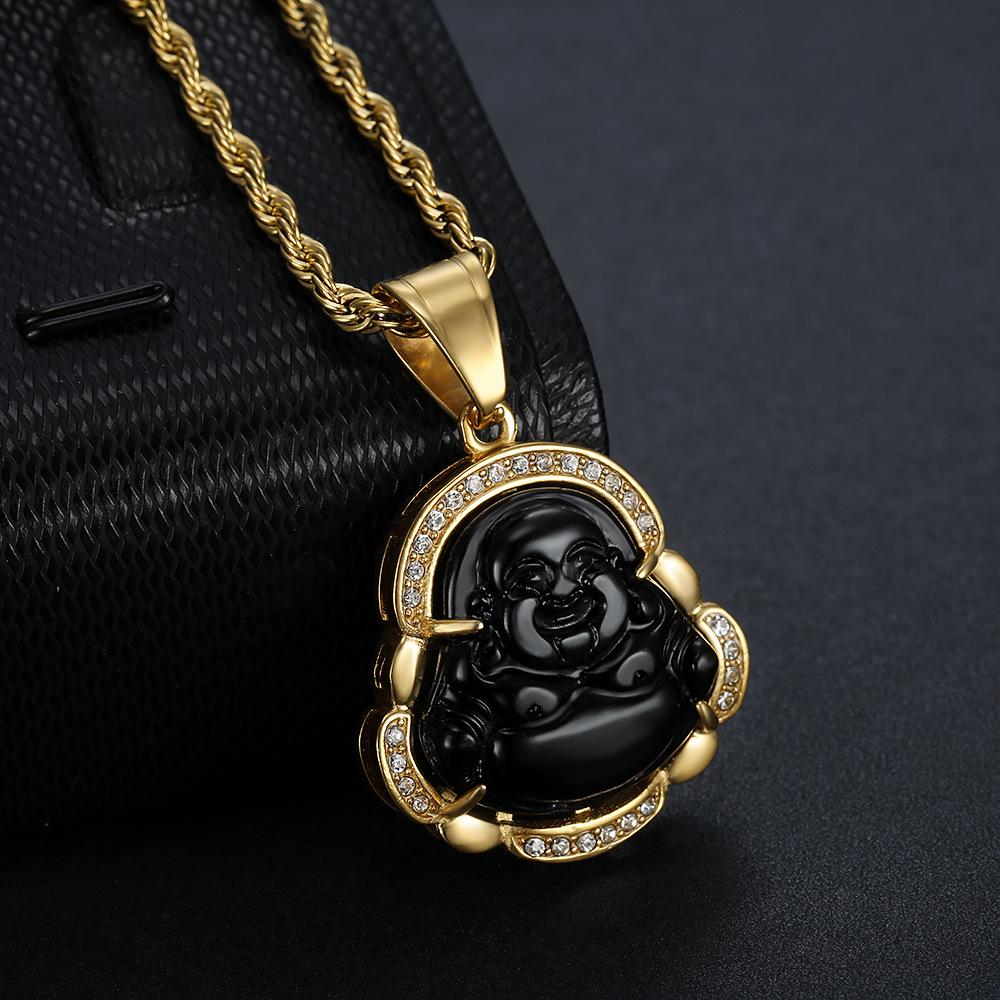 Jade Buddha Pendant Necklace W/ 18K Gold Plated Crystal Charm Hip Hop Chain