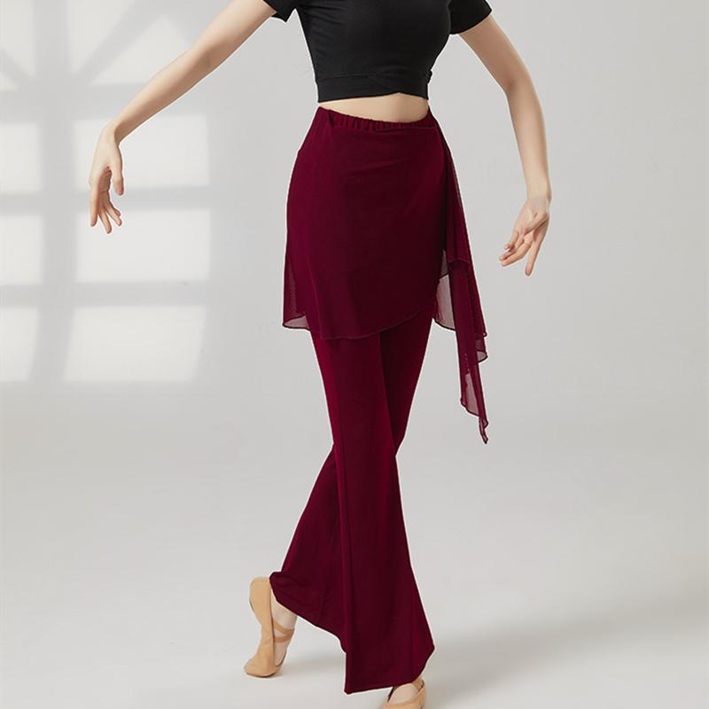 Pantalon de Danse Moderne Femme Long Micro-Évasé Pantalon Latin Jupe Wrap en Maille Costume de Pratique Classique Vêtement de Danse en Ligne de Scène Féminin
