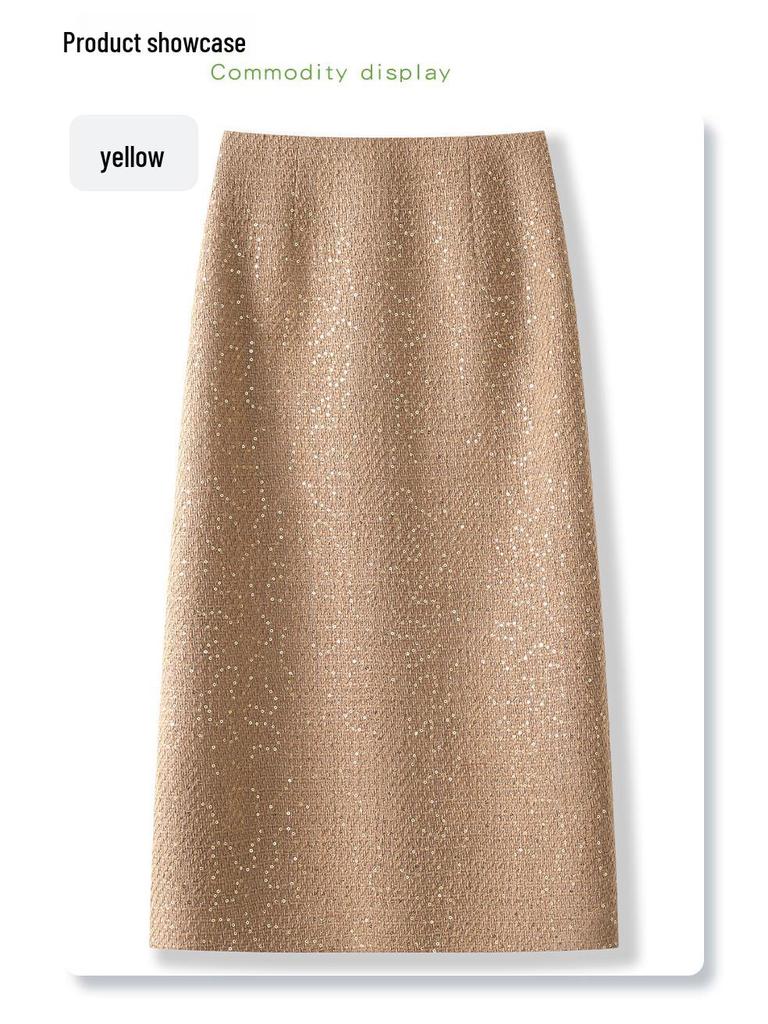 2024 Women's Yellow Sequined Tweed Midi Skirt – Autumn/Winter Straight Bodycon