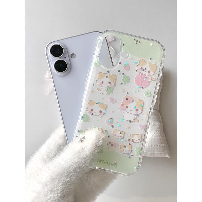 Y2k Japan Korea Fashiy Lucky Grass Cat Sparkling Cute Phone Case For iPhone16 15 14 13 12 11Pro Max 78Plus MINI INS Simple Cover