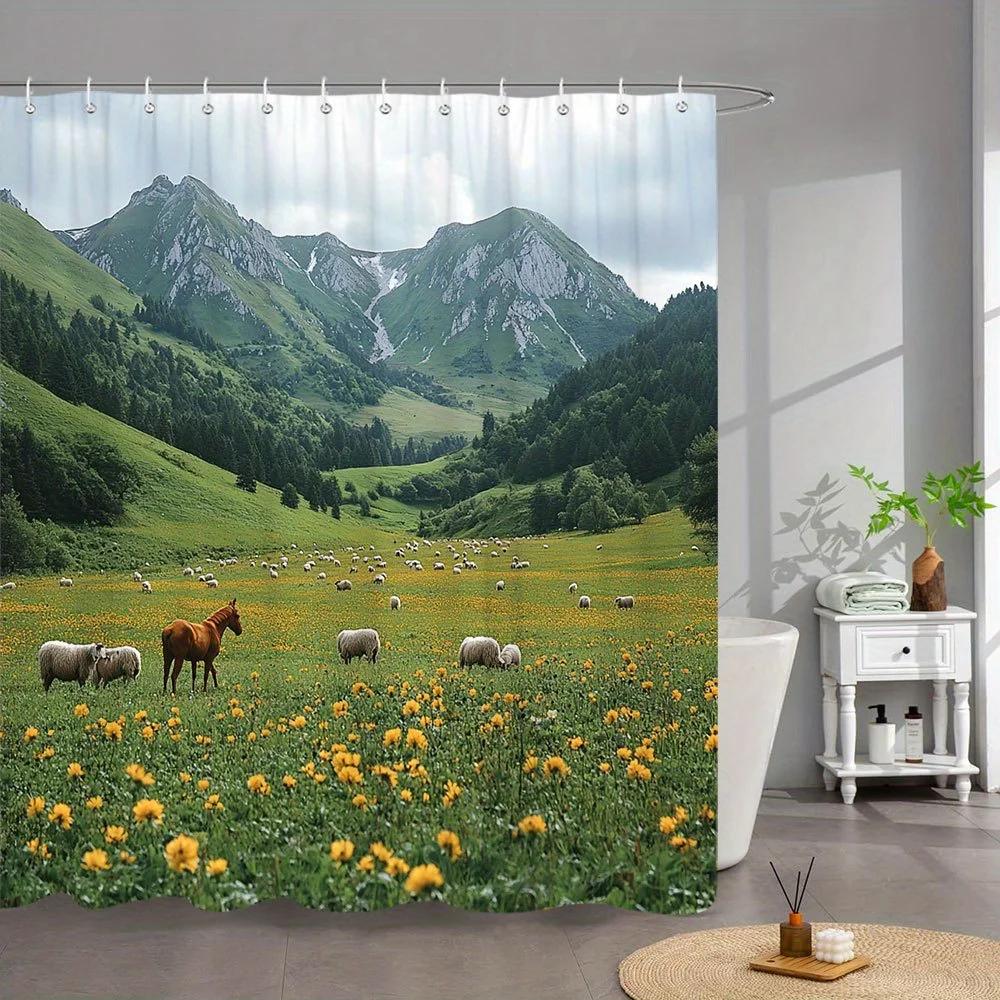 1pc Pastoral Meadow Shower Curtain - Serene Nature Landscape with Red Horse, Sheep, Yellow Dandelions & Snow Mountains - Durable W90xH180cm