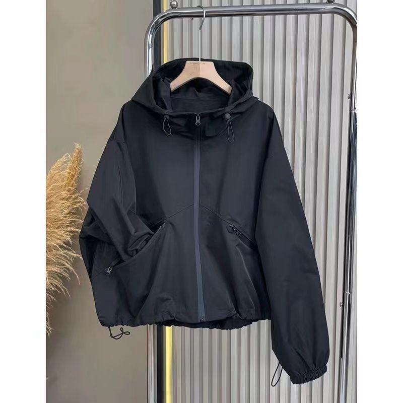 2025 Women's Black Hooded Windbreaker Jacket - Autumn Casual Trend