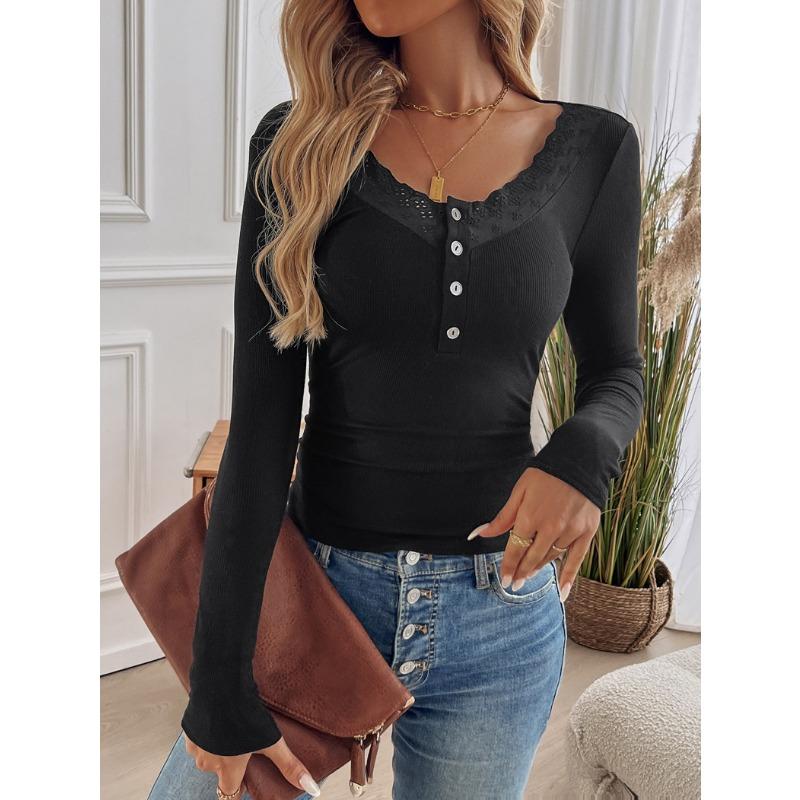 Women's Y2K Temperament Threaded Button Lace U Neck Knit Long Sleeve Top