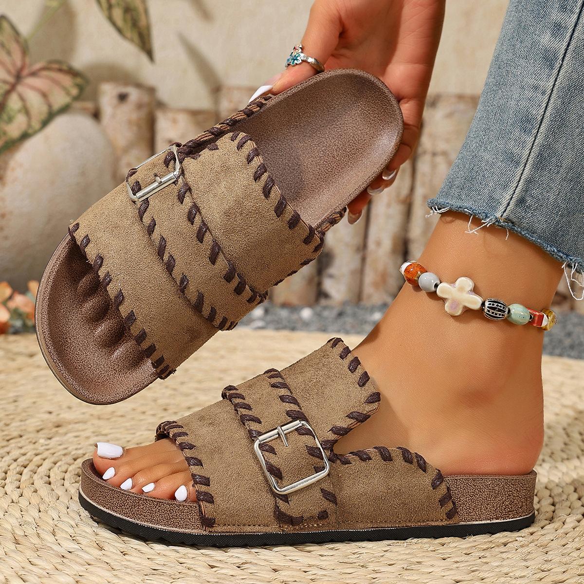 

Faux Suede Cork Flat Footbed Sandals for Women Comfortable Open Toe Slides Summer Indoor Outdoor Slippers Women s Non-Slip Beach Slides Dress Shoes 35 хаки