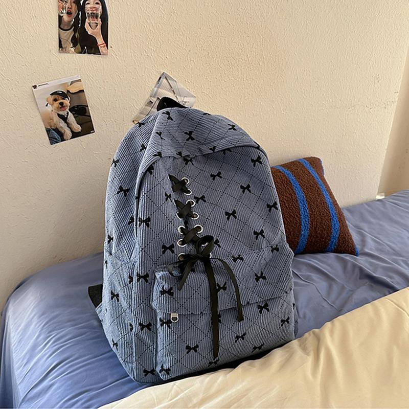 

Yogodlns Corduroy Bow Backpack for Women College Students Versatile Backpack for School Students Large Capacity Shoulder Bags 30x12x40cm синий
