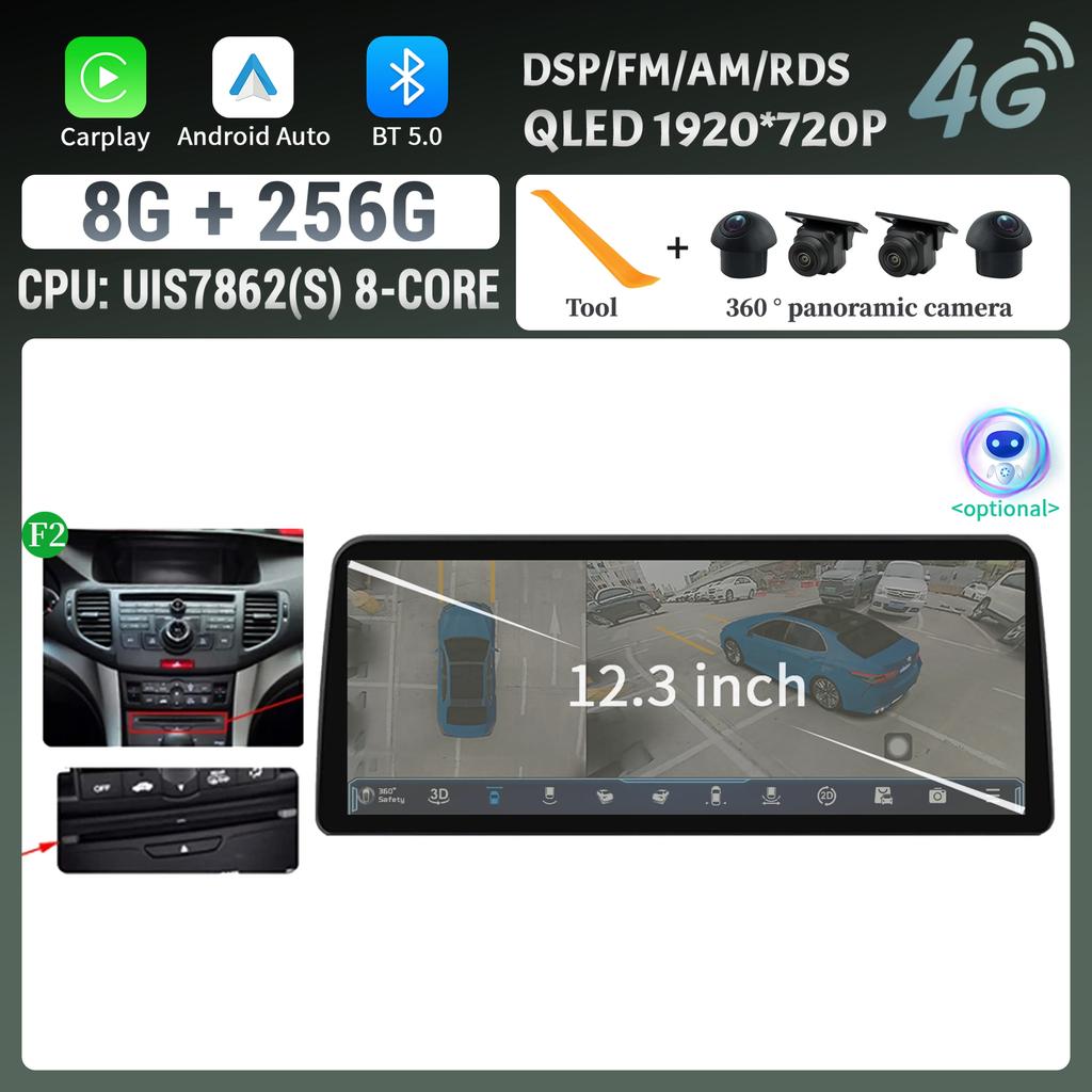 12.3inch For Honda Accord 8 Europe Spirior 2009-2013 Car Radio Multimedia Navigation Wireless BT CarPlay Touch Head Unit Screen