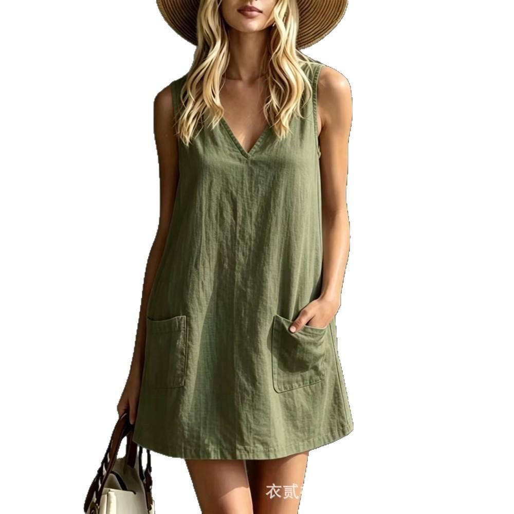 New European and American women's clothing, sleeveless V-neck casual and comfortable dress