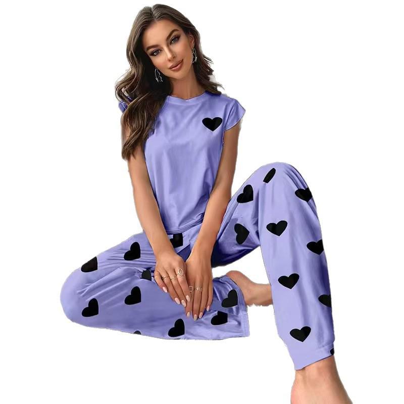 2025 European Women's Heart Print Pajama Set: T-shirt & Long Pants