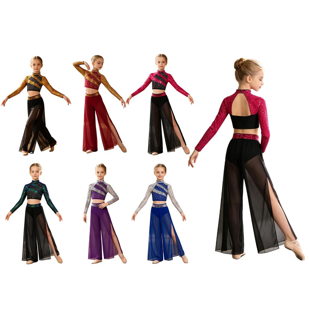 Set de Dans din Două Piese pentru Fete, Top Crop cu Paiete cu Mâneci Lungi și Gât Mock, Spate Decupat cu Pantaloni Largi din Șifon Fluid