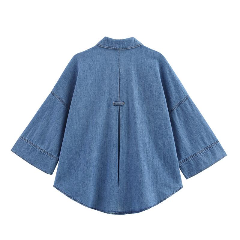 Women's Loose Fit Long Sleeve Denim Shirt Button Down Top and High Waist Wide Leg Jeans Two Piece Set